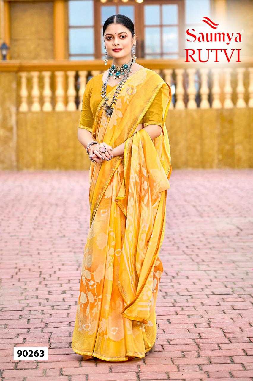 Rutvi By Saumya Chiffon Brasso Printed Sarees Suppliers In india